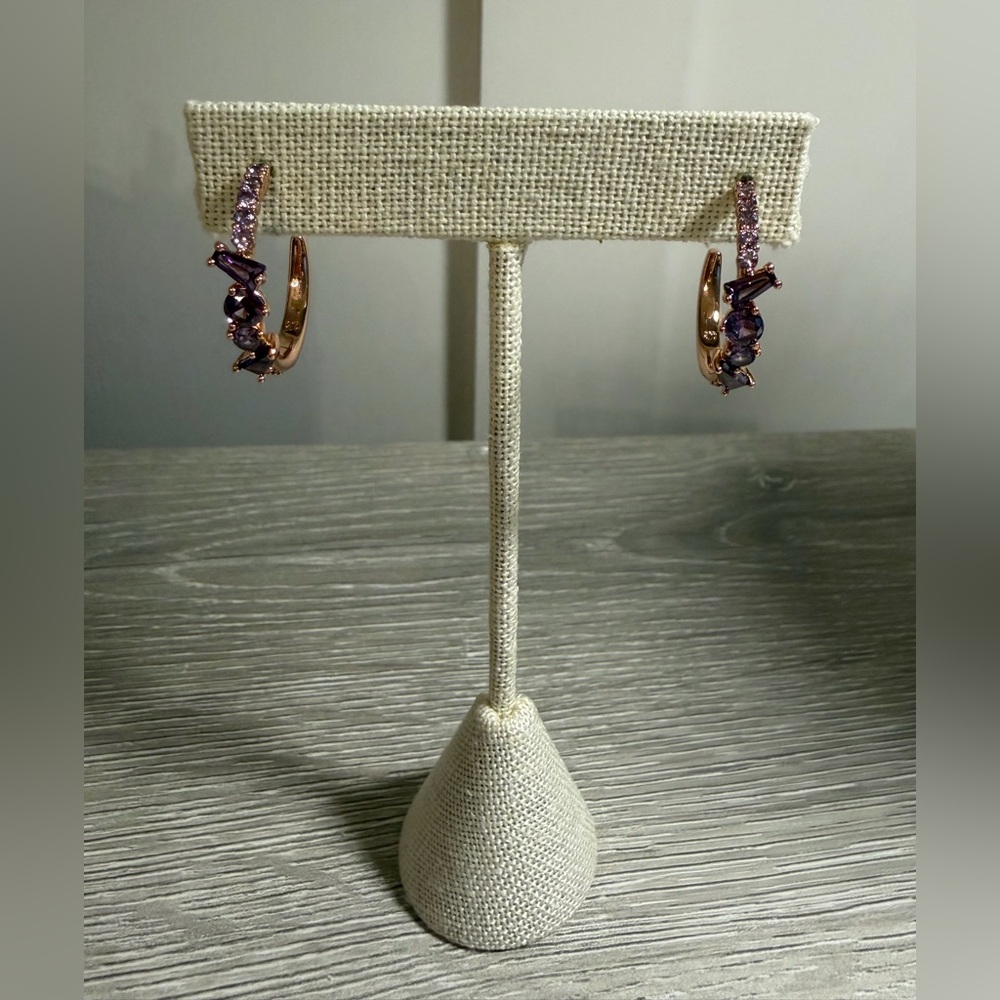 #771 Bomb Party 💜 Amethyst CZ Rose Gold Hoop Earrings Soaring To New Heights NWT